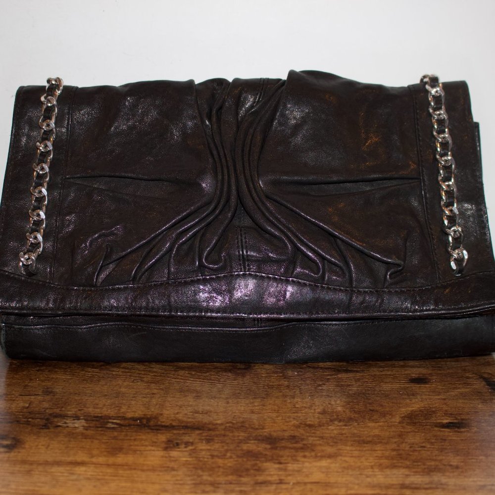 Treesje Black Leather Clutch Handbag Silver Chains Motorcycle Oversize